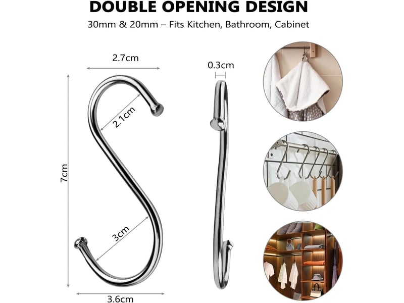  Lot de 20 crochets en s en acier inoxydable, de suspension robustes pour cuisine et salle de bain, rangement multifonction anti-corrosion, gris  - Conforama B