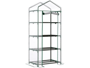 Serre de jardin compacte 70x50x160 cm – transparente – 4 étagères, porte enroulable et film anti-uv