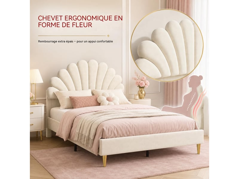 Lit enfant 140x200 cm cadre rembourré en velours, tête de lit design pétale, pieds métalliques dorés, structure stable charge 250kg - Conforama D