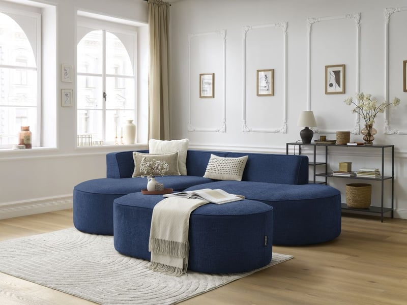  Bobochic canapé d'angle fixe rousseau tissu texturé avec pouf bleu foncé  angle gauche ROUSSEAU - Conforama B