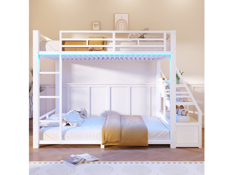 Lit superposé 2 couchages 90x200 cm, avec rangements et 2 tiroirs, led, métal et bois, blanc sans matelas - Conforama E