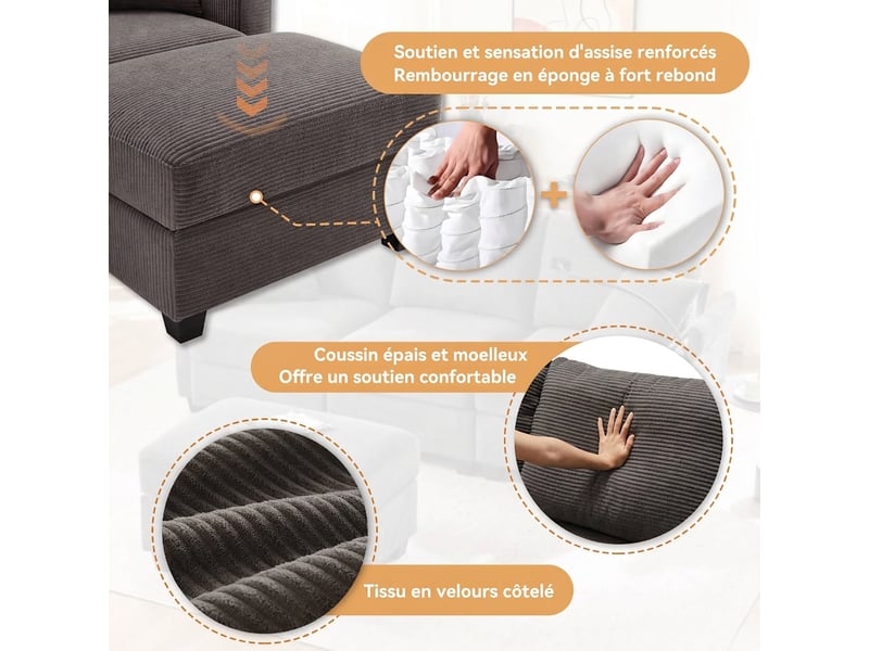  Canapé d'angle réversible 3 places avec pouf - velours côtelé gris foncé - port usb &amp; porte-gobelet  - Conforama D