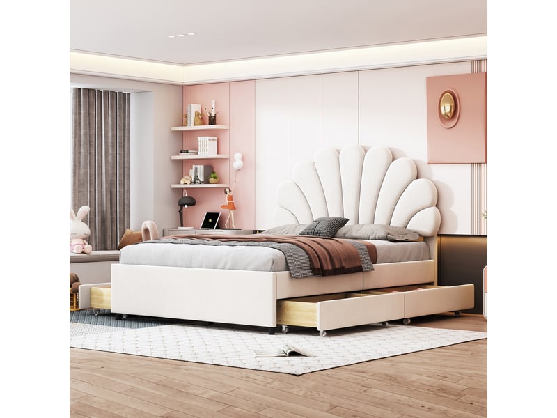  Lit avec rangement 140x200 cm, revêtement en velours, coloris beige, 4 tiroirs intégrés, tête de lit rembourrée, tête de lit florale, cadre stable  - Conforama D