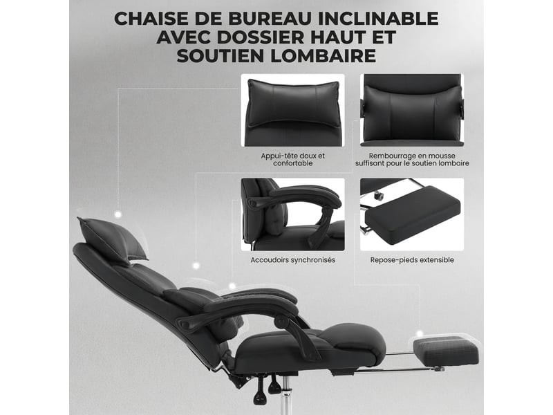  Chaise de bureau ergonomique noire avec double soutien lombaire réglable et repose-pieds, tissu technique  - Conforama E