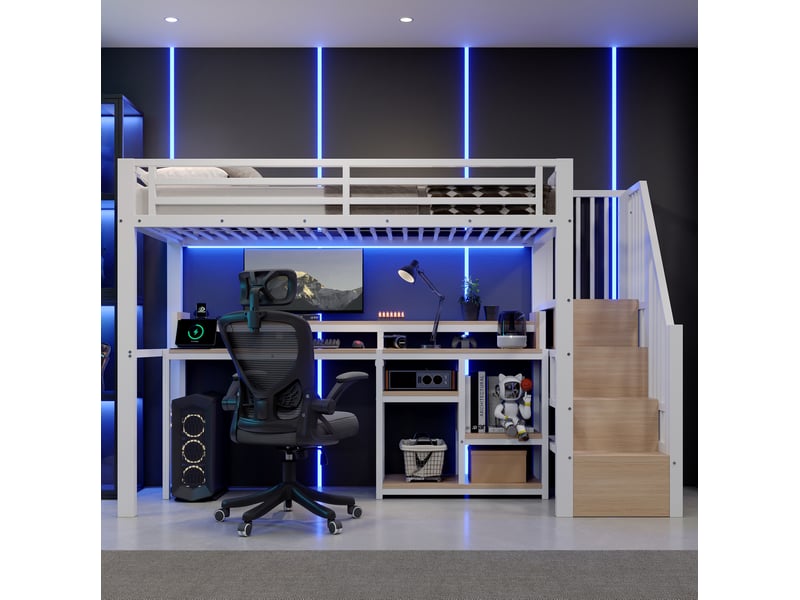 Lit mezzanine 90 × 200 cm avec escalier rangement, bureau, éclairage led et ports usb intégrés pour chambre, blanc - Conforama E