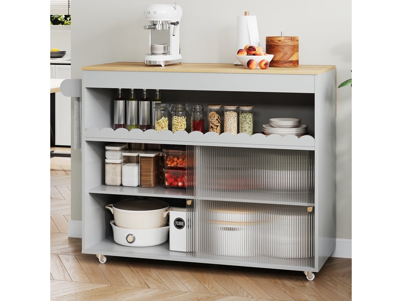  Îlot de cuisine roulant gris 122 x 46 x 91 cm – avec plan de travail rabattable imitation chêne, portes coulissantes en verre, 5 roulettes dont 2 freinées TG Store - Conforama D