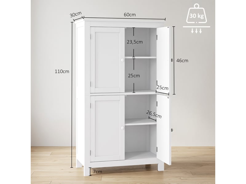  Meuble de salle de bain 4 portes avec étagères réglables mdf blanc 60 x 30 x 110 cm  - Conforama C