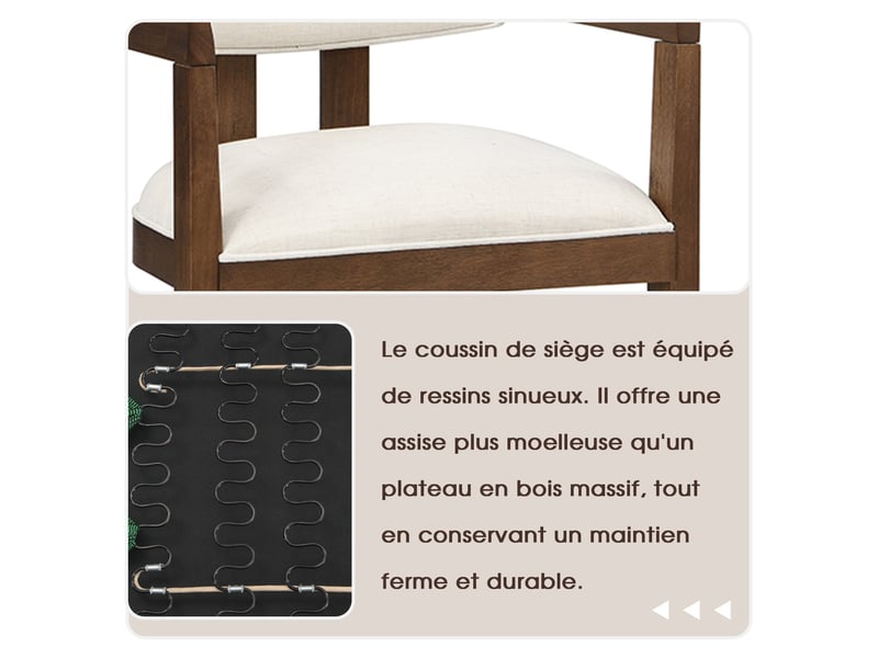  Lot de 2 chaises de salle à manger avec accoudoirs, bois massif coloris noyer et revêtement en lin, style classique  - Conforama E