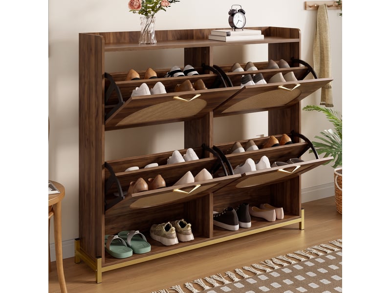 Meuble à chaussures 4 abattants avec façade effet rotin, finition noyer - Conforama D