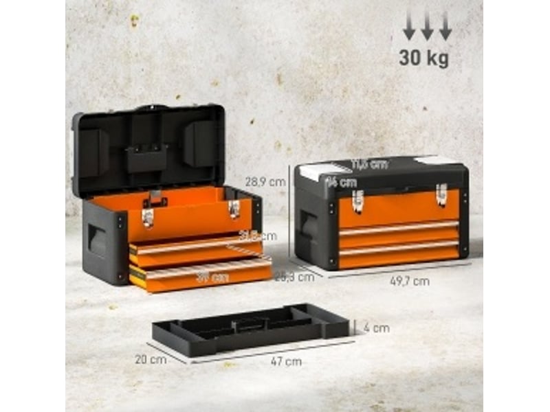  Boîte à outils vide 49,7x25,3x28,9 cm avec deux tiroirs, métal, orange  - Conforama E