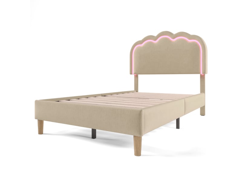 Lit simple rembourré en tissu lin beige 90 x 200 cm, tête réglable, sommier à lattes et led - Conforama D