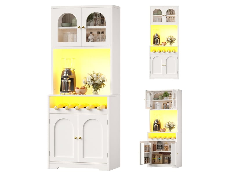  Buffet 2 pièces finition blanche éclairage led rgb piloté par application portes vitrées casier à bouteilles protection anti-basculement étagères réglables  - Conforama D