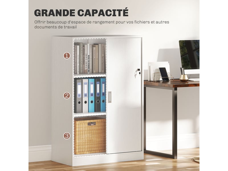  Armoire de bureau 2 portes coulissantes verrouillables dim. 80l x 40l x 120h cm blanc 2 étagères en bois  - Conforama A