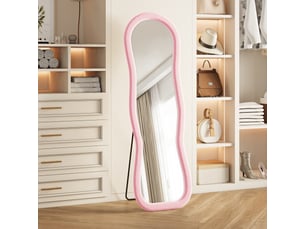 Miroir pleine longueur ondulé au sol, 160×50 cm, cadre bouclette rose, pose murale ou sur pied