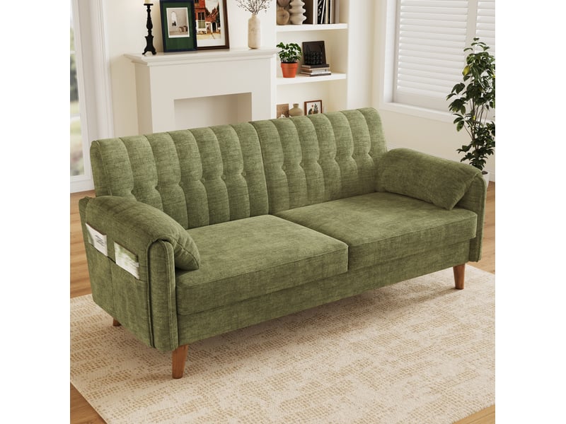  Canapé 2 places moderne en chenille avec dossier capitonné, coussins d'oreiller d'assise et poches latérales, pieds en bois massif, vert  - Conforama B
