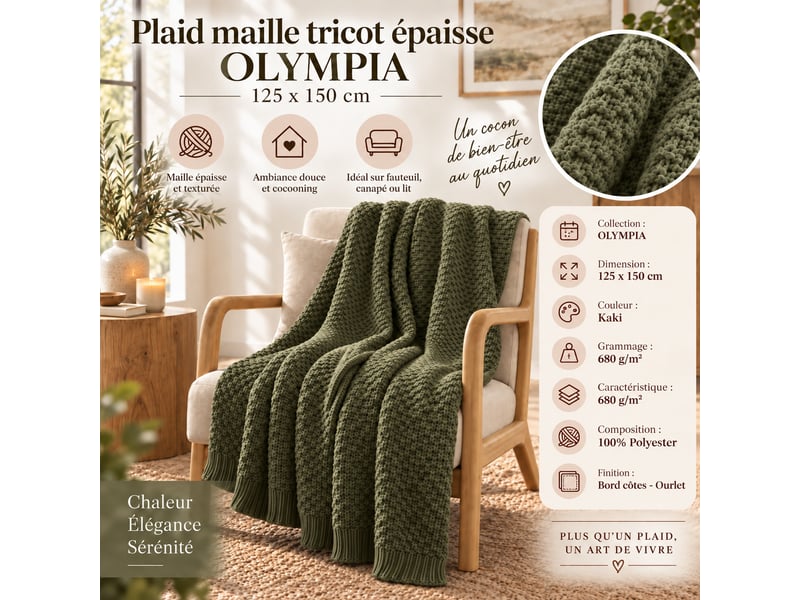  Plaid 125 x 150 cm polyester tricot uni olympia kaki 15697 - Conforama D