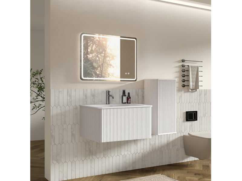Armoire de salle de bain moderne avec miroir led, meuble sous vasque et colonne pour salle de bain, blanc - Conforama C