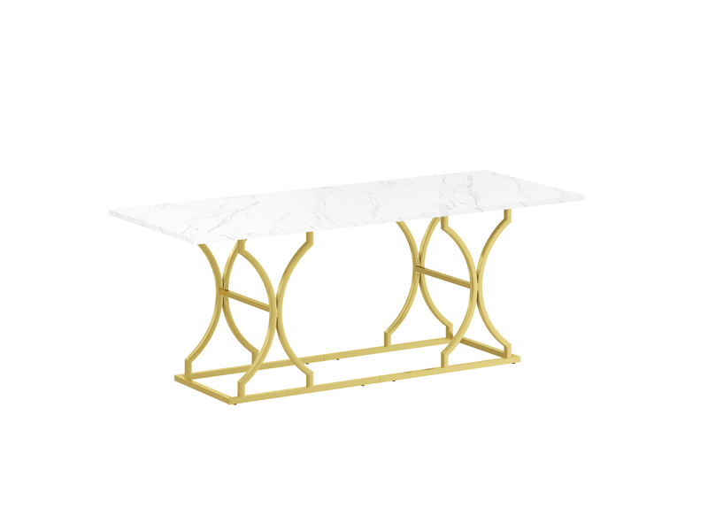 Table à manger 200x80x76 cm, 8-10 pers, plateau effet marbre(non marbre), pieds métal réglables, mdf, blanc et doré - Conforama D