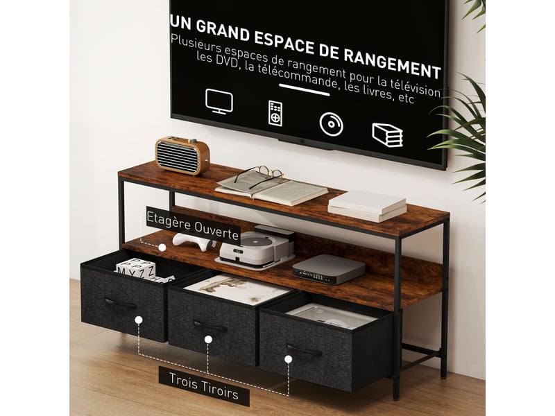  Meuble tv, meuble télé pour téléviseur jusqu'à 55 pouces avec 3 tiroirs et pieds en acier brun rustique 120 x 29 x 56 cm  - Conforama E