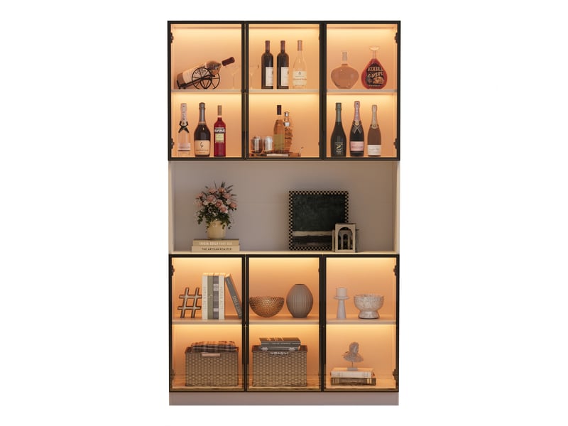  Vitrine de rangement, avec rangement, 120 x 34 x 200 cm, coloris blanc, pour salon, solution de rangement fonctionnelle, pour intérieur  - Conforama C