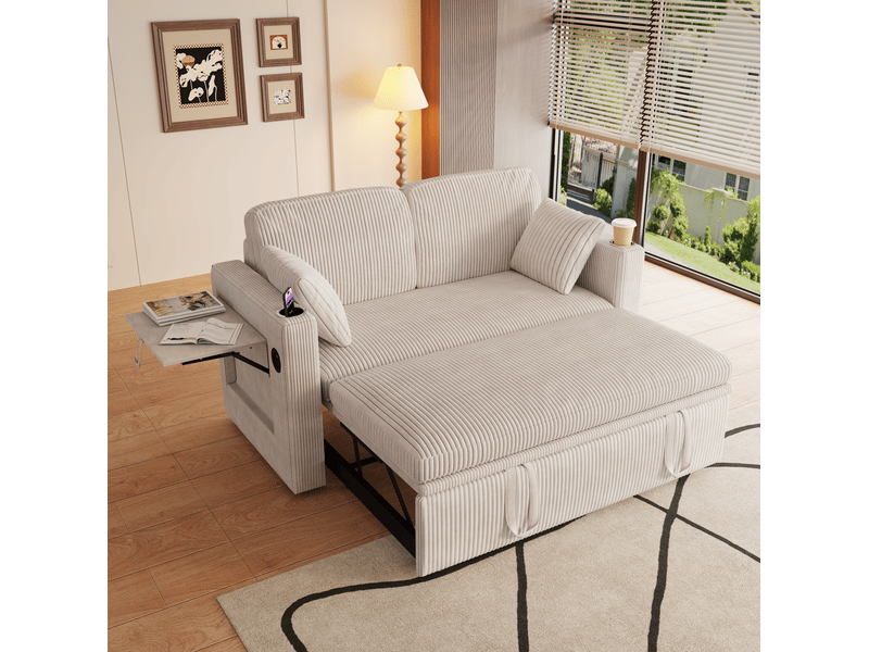 Canapé convertible 2 places avec dossier réglable, porte-gobelets et usb en velours côtelé blanc 145 × 72 × 85,5 cm - Conforama B