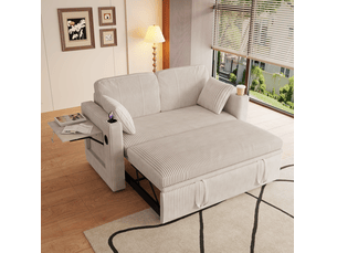 Canapé convertible 2 places avec dossier réglable, porte-gobelets et usb en velours côtelé blanc 145 × 72 × 85,5 cm