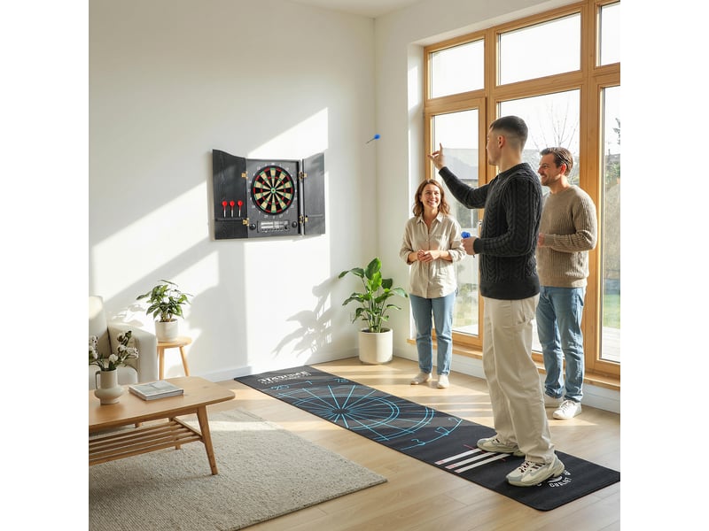  Cible de fléchettes électronique avec portes, aspect imitation bois, écran led, annonces vocales. 6 fléchettes et 24 pointes de rechange  - Conforama C