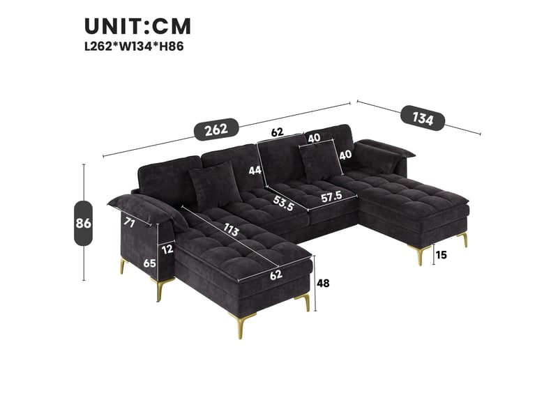  Canapé panoramique en u 4 places modulaire avec 2 méridiennes, coussins et pieds métalliques dorés en chenille noir  - Conforama C
