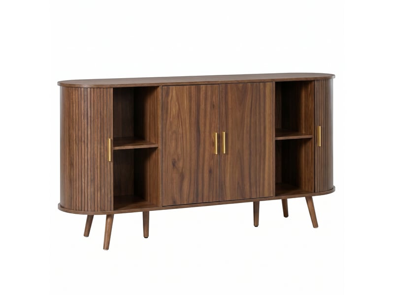  Buffet bas 150 cm en mdf décor noyer, 4 portes dont 2 coulissantes, côtés arrondis rainurés, pour salle à manger et entrée  - Conforama E