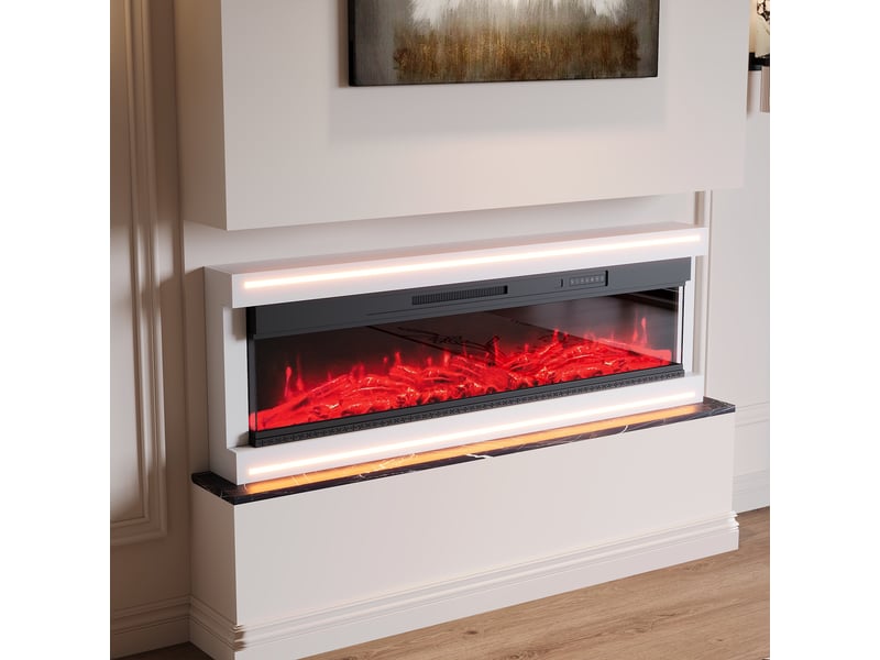  Cheminée électrique murale - 136,8x17x51,3 cm - cheminée suspendue 750w1500w, effet flamme 12 couleurs, led - blanc  - Conforama B