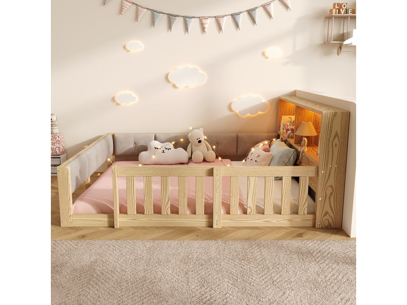  Lit enfant 2 places 140×200 cm avec barrières, led et rangements  - sans matelas, peluche et panneaux - naturel  - Conforama C