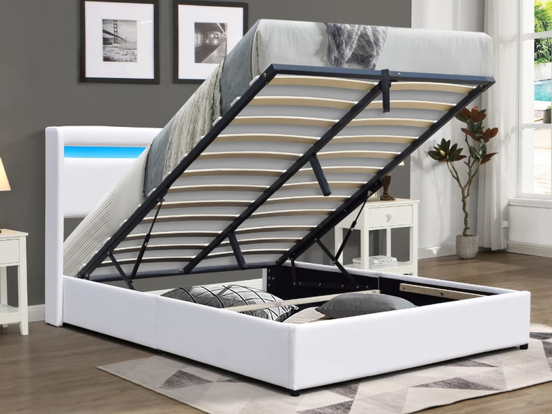 Lit coffre 120x190 cm blanc - tête de lit led - 12 lattes - montage rapide - design moderne - rangement pratique - Conforama B