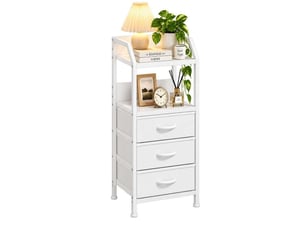 Table de chevet 40x30x75 cm trois tiroirs tissu etagere ouverte blanc pur moderne