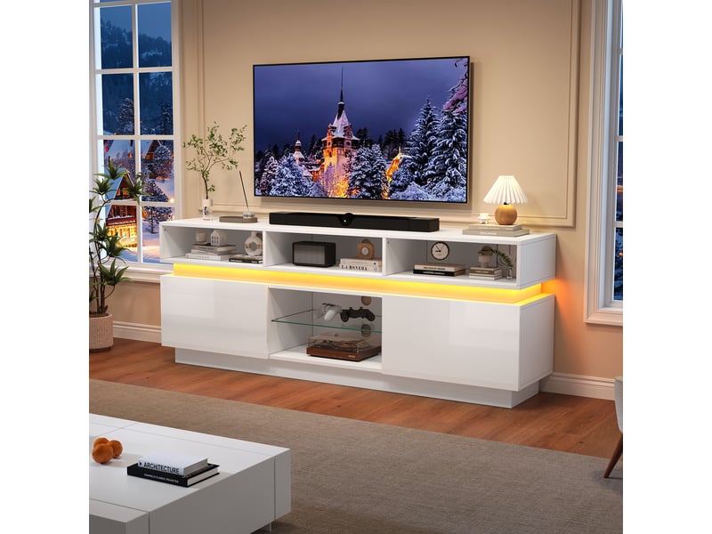  Meuble tv 10 compartiments led pour salon 160×35×60 cm en mdf et verre trempé blanc  - Conforama B