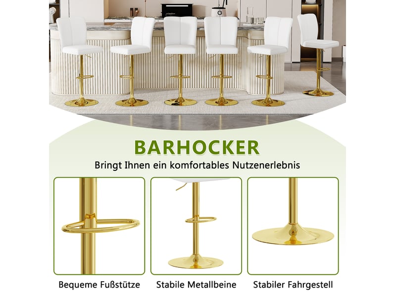  Tabourets de bar 95,5-117,5 cm lot de 2, réglables, pivotants 360°, métal et pu, pour salon, cuisine, bar, blanc et or  - Conforama E
