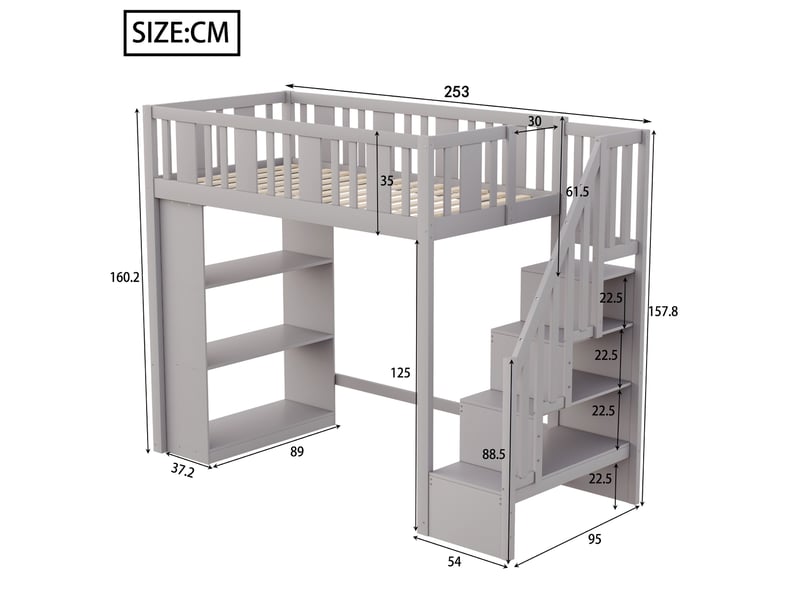  Lit mezzanine enfant 90x200 cm avec escalier de rangement gris  - Conforama E