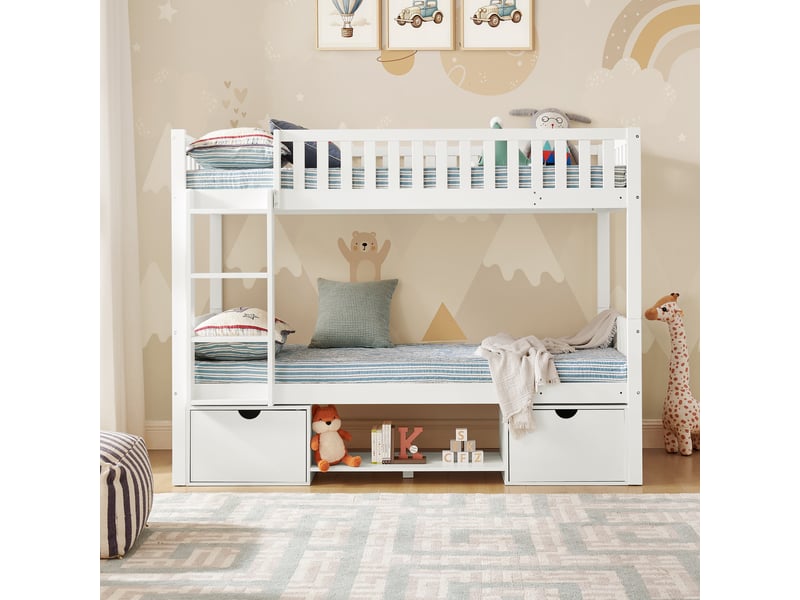 Lit superposé enfant 90x200 cm en pin massif blanc, séparable, tiroirs et échelle - Conforama B