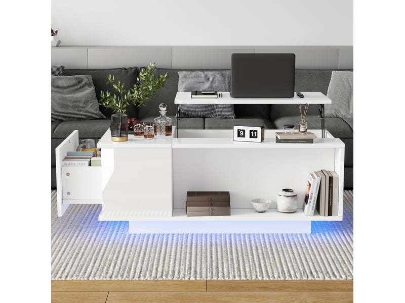  Table basse relevable avec 1 tiroir, niche de rangement, led et plateau laqué pour salon, 100 × 50 × 40 cm  - Conforama C