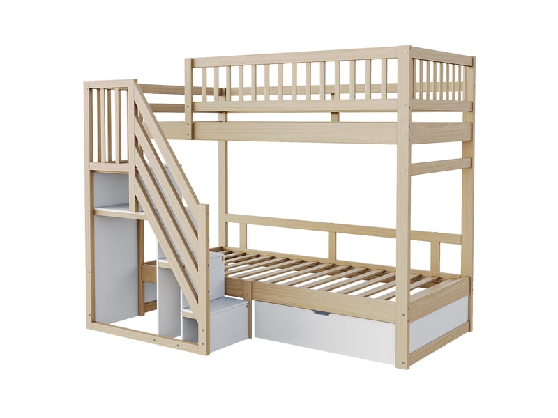 Lit superposé enfant 90x200 cm – bois naturel et blanc – escalier de rangement, tiroirs – sans matelas - Conforama D