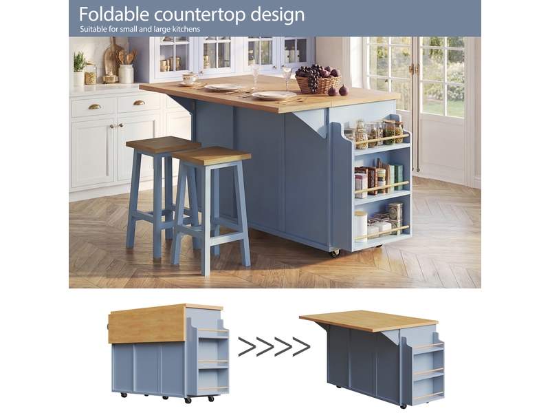  Desserte de cuisine,143x75x91 cm,avec plan de travail pliant,mdf,bleu  - Conforama E