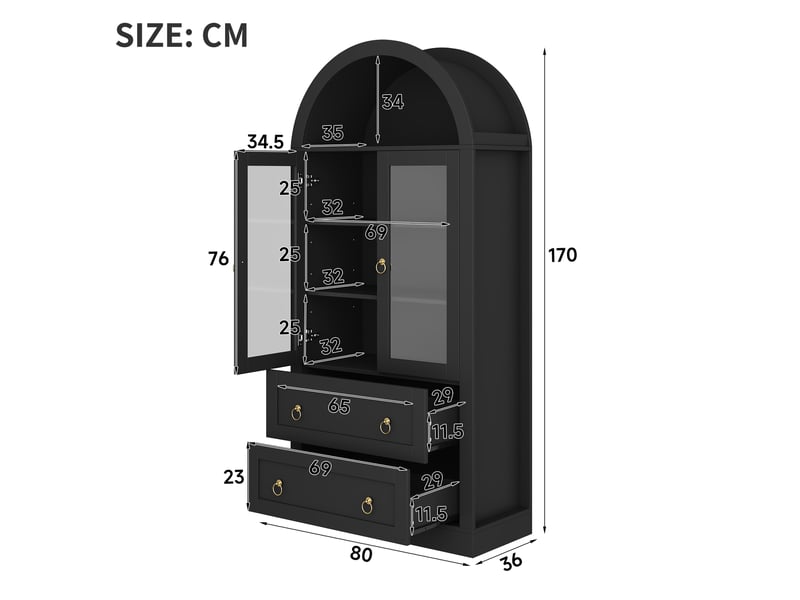 Buffet vitrine avec portes vitrées, tiroirs et 2 étagères réglables, noir, pour cuisine et salon, 80 × 36 × 170 cm - Conforama D