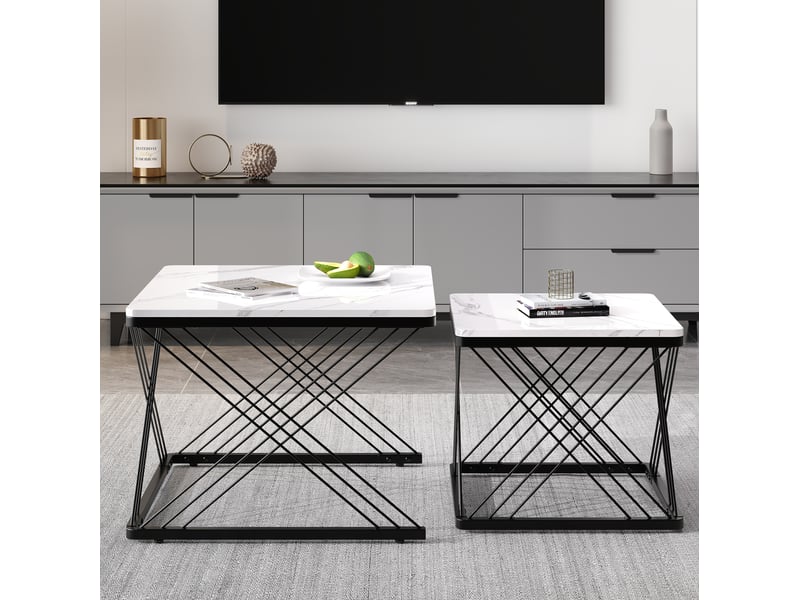  Table basse 2 pièces carrée 60x60x45+45x45x40cm effet marbre(matériau non marbré)pieds réglables mdf noir et blanc  - Conforama D