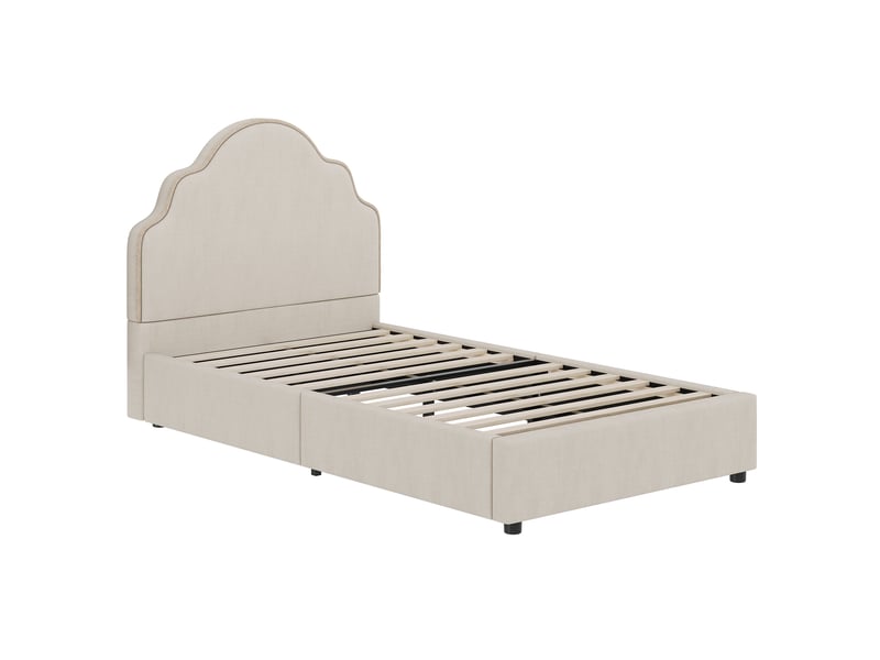  Lit capitonné, lit simple, lit enfant 90 x 200 cm, lit avec tête de lit capitonnée, lin, beige  - Conforama D