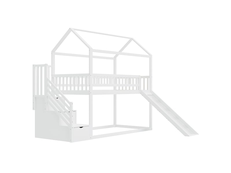  Lit mezzanine enfant avec toboggan et escalier de rangement, lit superposé 90x200 cm blanc en bois massif avec barrières de sécurité.  - Conforama C