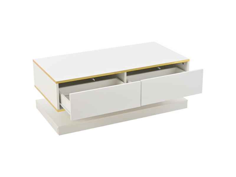  Table basse laquée brillante 100 x 50 x 38 cm, table d'appoint avec 2 grands tiroirs, table de salon originale, blanc chaud avec bordure dorée, table basse avec plateau étroit et large plateau et base larges.  - Conforama D