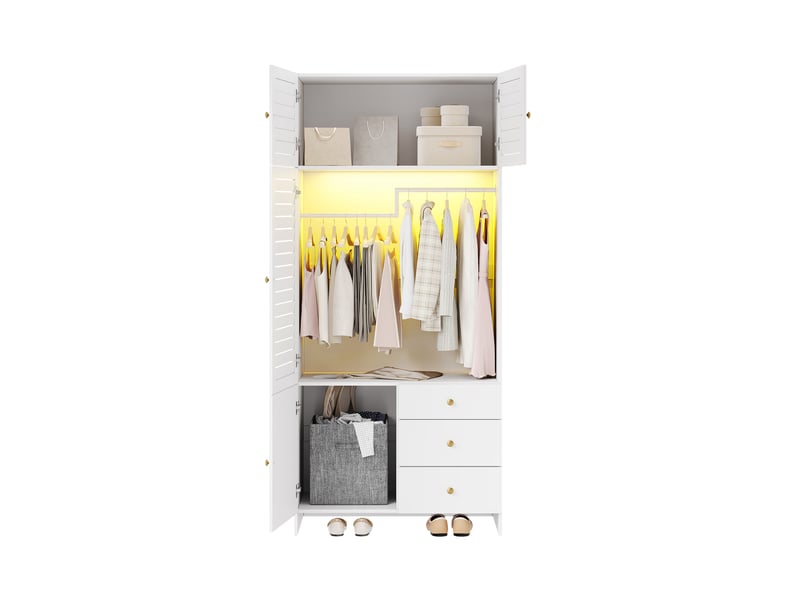  Armoire modenvie à portes battantes 90 x 50 x 200 cm avec led, 3 tiroirs et panier à linge blanc  - Conforama A