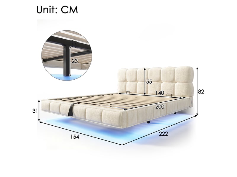 Lit coffre bubble en chenille beige 140x200 cm avec led, usb et type-c Fay Lum - Conforama C