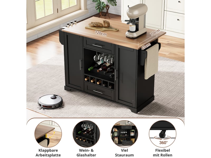 Îlot de cuisine noir et naturel 120 × 4570 × 92 cm en mdf, plateau rabattable, casier à vin, porte-verres et range-épices  - Conforama C