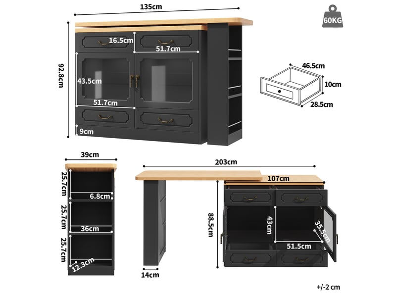  Bar extensible 135x203 cm avec rangement, led, rotation 360°, mdf, noir  - Conforama E