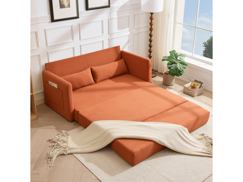 Canapé convertible 2 places – canapé-lit pliable en velours côtelé avec coussins, poches latérales, mousse haute résilience, assise confortable – orange - Conforama C